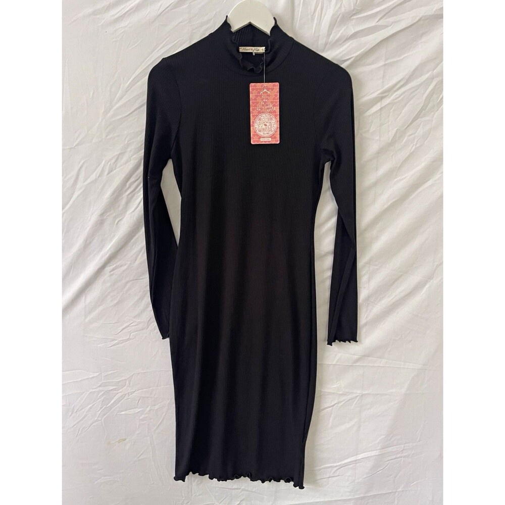 Heart & Hips Women’s Black Ribbed Knit Bodycon Dress Mock Neck Long Sleeve L